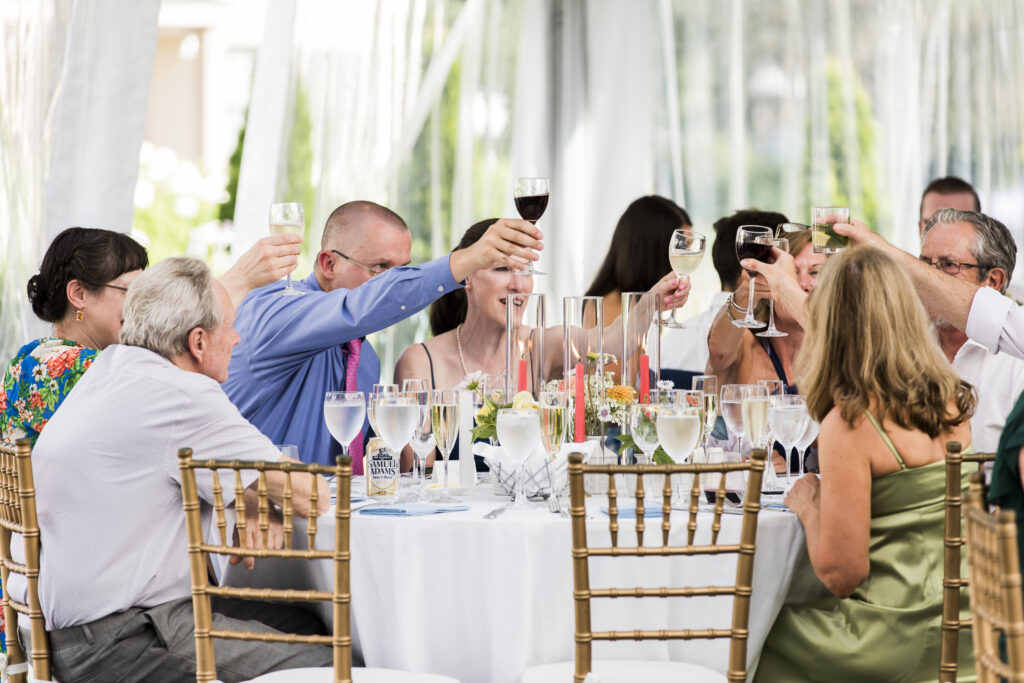 A group of people sitting around a table, toasting with wine glasses.