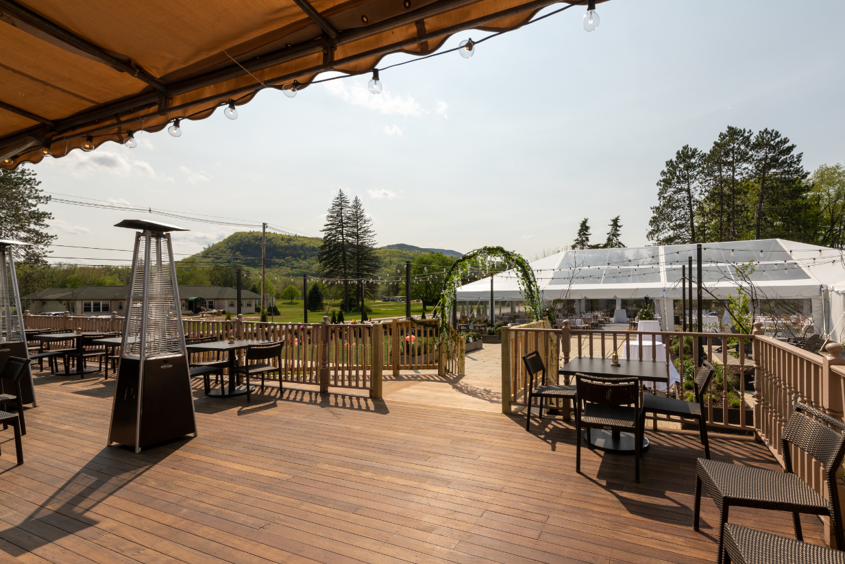 Outdoor Patio with tables and furniture